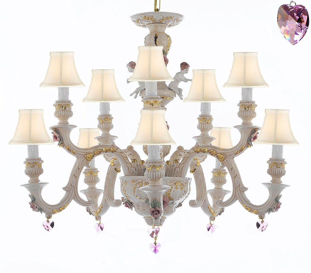 Authentic Capodimonte Porcelain Chandelier Lighting Chandeliers Cottage Chic Made in Italy, Trimmed w/ Roses & Flowers Dressed w/ Pink Hearts Crystals With White Shades - GB102-SC/WHITESHADES/B21/227/5+5
