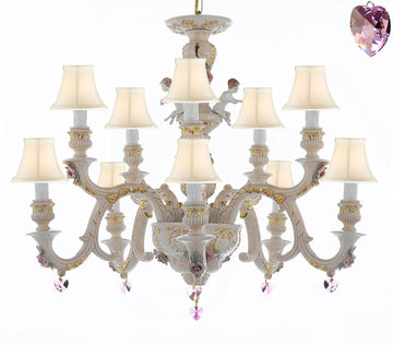 Authentic Capodimonte Porcelain Chandelier Lighting Chandeliers Cottage Chic Made in Italy, Trimmed w/ Roses & Flowers Dressed w/ Pink Hearts Crystals With White Shades - GB102-SC/WHITESHADES/B21/227/5+5