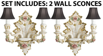 Set of 2 Authentic Capodimonte Porcelain Wall Sconce Lighting Cottage Chic Made in Italy WITH SHADES, 24K Gold Trimmed w/ Roses & Flowers - GB102/2/435/Set-of-2BLACKSHADES