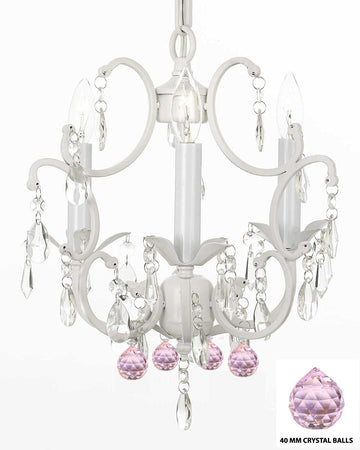 White Wrought Iron Crystal Mini Chandelier w/ Pink Crystal Balls H14" X W11" Swag Plug In-chandelier w/ 14' Feet of Hanging Chain and Wire - G7-B17/B72/WHITE/618/3