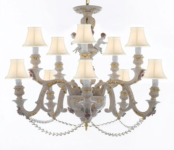 Authentic Capodimonte Porcelain Chandelier Lighting Chandeliers Cottage Chic Made in Italy, Trimmed w/ Roses & Flowers Dressed w/ Crystals With White Shades - GB102-SC/WHITESHADES/B52/227/5+5