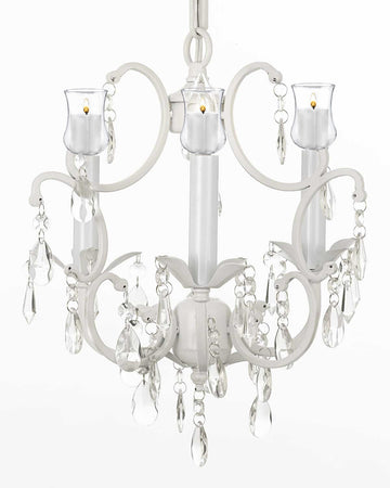 WHITE WROUGHT IRON CRYSTAL MINI CHANDELIER W/ Candle Votives H14" x W11" - For Indoor / Outdoor Use Great for Outdoor Events, Hang from Trees / Gazebo / Pergola / Porch / Patio / Tent  - G7-B31/WHITE/618/3