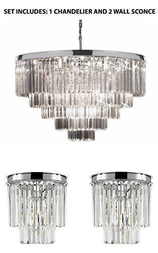 Set of 2: 1 Retro Palladium Crystal Glass Fringe Chandelier Chrome Finish and 1 Palladium Empress Crystal (tm) Glass Fringe 2-tier Wall Sconce Lighting Chrome Finish - 1EA 2164/18 + 1EA 3/2164/WALLSCONCE