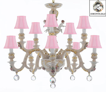 Authentic Capodimonte Porcelain Chandelier Lighting Chandeliers Cottage Chic Made in Italy, Trimmed w/ Roses & Flowers Dressed w/ Crystals Balls With Pink Shades - GB102-SC/PINKSHADES/B6/227/5+5