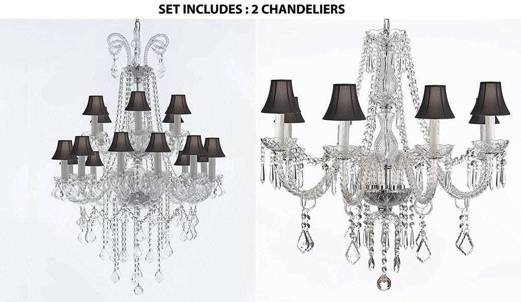 Set of 2 - 1 4FT Crystal Chandelier Lighting With Black Shades 48hx28w And 1 Crystal Chandelier Lighting With Black Shades 28ht X 28wd Murano - 1EA-B12/26/18 + 1EA-243/8-BLACKSHADES