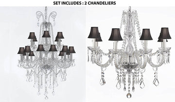 Set of 2 - 1 4FT Crystal Chandelier Lighting With Black Shades 48hx28w And 1 Crystal Chandelier Lighting With Black Shades 28ht X 28wd Murano - 1EA-B12/26/18 + 1EA-243/8-BLACKSHADES