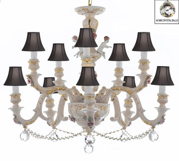 Authentic Capodimonte Porcelain Chandelier Lighting Chandeliers Cottage Chic Made in Italy, Trimmed w/ Roses & Flowers Dressed w/ Crystals and Crystals Balls With Black Shades - GB102-SC/BLACKSHADES/B6/B52/227/5+5