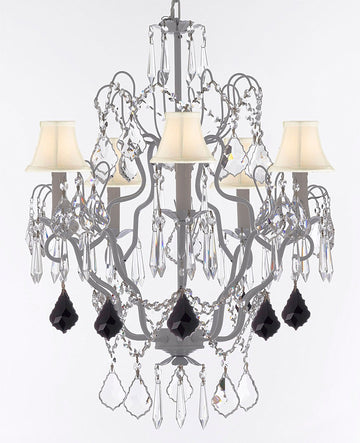 White Wrought Iron Crystal Chandelier Chandeliers Lighting H27" x W21" Dressed with Jet Black Crystal Great for Kitchens, Bathrooms, Bedrooms, Closets, and Dining Rooms w/ White Shades - J10-B97/WHITESHADES/WHITE/26025/5