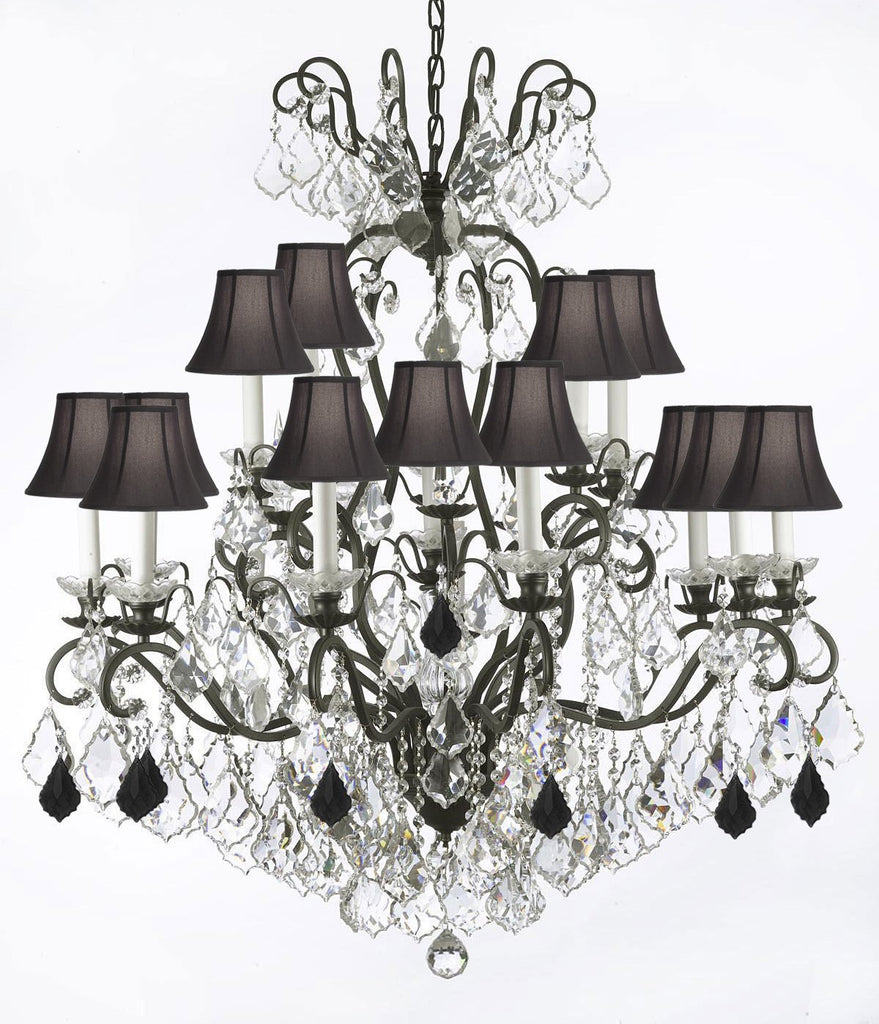 Swarovski Crystal Trimmed Chandelier Wrought Iron Crystal Chandelier Lighting Dressed with Jet Black Crystals W38" H44" - Great for the Dining Room, Foyer, Entry Way, Living Room w/Black Shades - A500-B97/BLACKSHADES/556/16SW