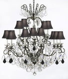 Swarovski Crystal Trimmed Chandelier Wrought Iron Crystal Chandelier Lighting Dressed with Jet Black Crystals W38" H44" - Great for the Dining Room, Foyer, Entry Way, Living Room w/Black Shades - A500-B97/BLACKSHADES/556/16SW