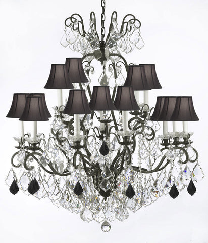 Swarovski Crystal Trimmed Chandelier Wrought Iron Crystal Chandelier Lighting Dressed with Jet Black Crystals W38" H44" - Great for the Dining Room, Foyer, Entry Way, Living Room w/Black Shades - A500-B97/BLACKSHADES/556/16SW