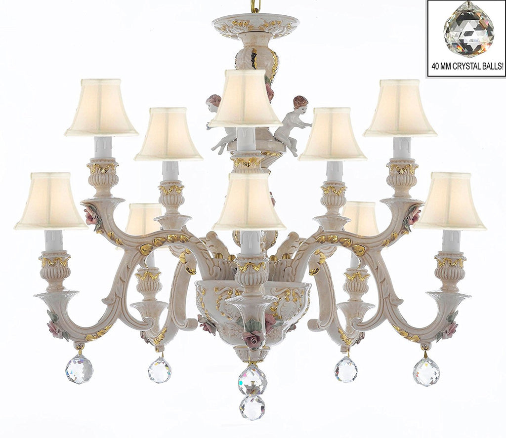 Authentic Capodimonte Porcelain Chandelier Lighting Chandeliers Cottage Chic Made in Italy, Trimmed w/ Roses & Flowers Dressed w/ Crystals Balls With White Shades - GB102-SC/WHITESHADES/B6/227/5+5
