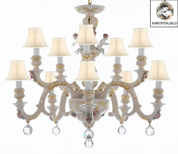 Authentic Capodimonte Porcelain Chandelier Lighting Chandeliers Cottage Chic Made in Italy, Trimmed w/ Roses & Flowers Dressed w/ Crystals Balls With White Shades - GB102-SC/WHITESHADES/B6/227/5+5
