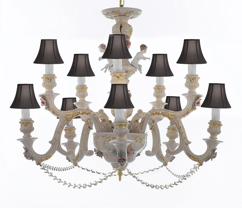 Authentic Capodimonte Porcelain Chandelier Lighting Chandeliers Cottage Chic Made in Italy, Trimmed w/ Roses & Flowers Dressed w/ Crystals With Black Shades - GB102-SC/BLACKSHADES/B52/227/5+5