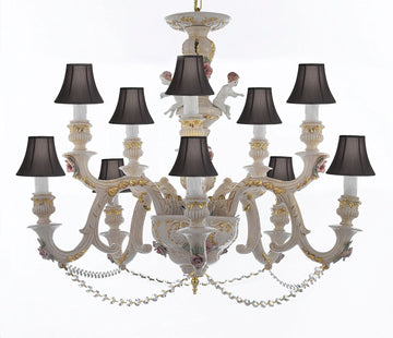 Authentic Capodimonte Porcelain Chandelier Lighting Chandeliers Cottage Chic Made in Italy, Trimmed w/ Roses & Flowers Dressed w/ Crystals With Black Shades - GB102-SC/BLACKSHADES/B52/227/5+5