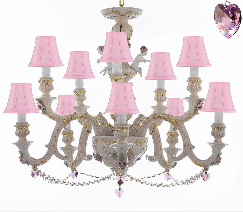 Authentic Capodimonte Porcelain Chandelier Lighting Chandeliers Cottage Chic Made in Italy, Trimmed w/ Roses & Flowers Dressed w/ Crystals and Hearts With Pink Shades - GB102-SC/PINKSHADES/B21/B52/227/5+5