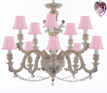 Authentic Capodimonte Porcelain Chandelier Lighting Chandeliers Cottage Chic Made in Italy, Trimmed w/ Roses & Flowers Dressed w/ Crystals and Hearts With Pink Shades - GB102-SC/PINKSHADES/B21/B52/227/5+5