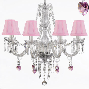Crystal Chandelier Lighting 28ht X 28wd 8 Lights Fixture Pendant Ceiling Lamp Pink Shade Heart Murano - B21-SC8PINK-243-8H-DLO