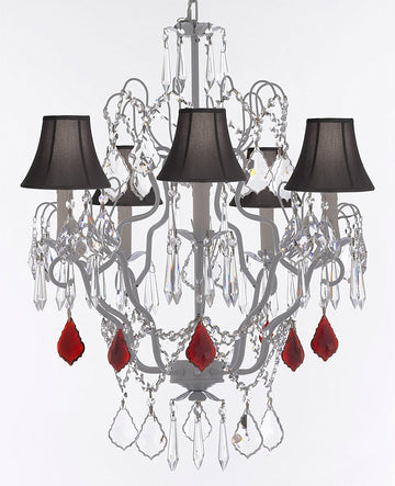 White Wrought Iron Crystal Chandelier Chandeliers Lighting H27" x W21" Dressed with Ruby Red Crystal Great for Kitchens, Bathrooms, Bedrooms, Closets, and Dining Rooms w/Black Shades - J10-B98/BLACKSHADES/WHITE/26025/5