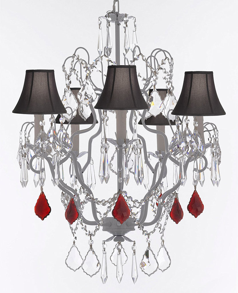 Swarovski Crystal Trimmed Chandelier White Wrought Iron Swarovski Crystal Trimmed Chandeliers Lighting H27" x W21" Dressed w/Ruby Red Crystal Great for Closets, & Dining Rooms w/Black Shades - J10-B98/BLACKSHADES/WHITE/26025/5SW