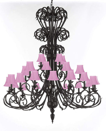 Versailles Large Foyer/Entryway Wrought Iron Chandelier with Shades 60" Inches Tall - J10-724/28/SC/PINK