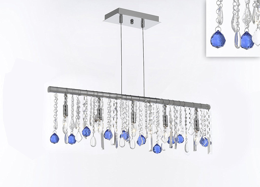 Modern Contemporary Broadway Linear Crystal Chandelier Lighting Lamp -Dressed with Blue Crystal Balls 48" Wide - Great for Dining Room, Kitchen, Billiard Pool Table Lighting! - G7-B99/830/5