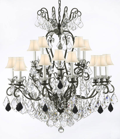 Wrought Iron Crystal Chandelier Lighting Dressed with Jet Black Crystals W38" H44" - Great for the Dining Room, Foyer, Entry Way, Living Room w/White Shades - A500-B97/556/16/WHITESHADES