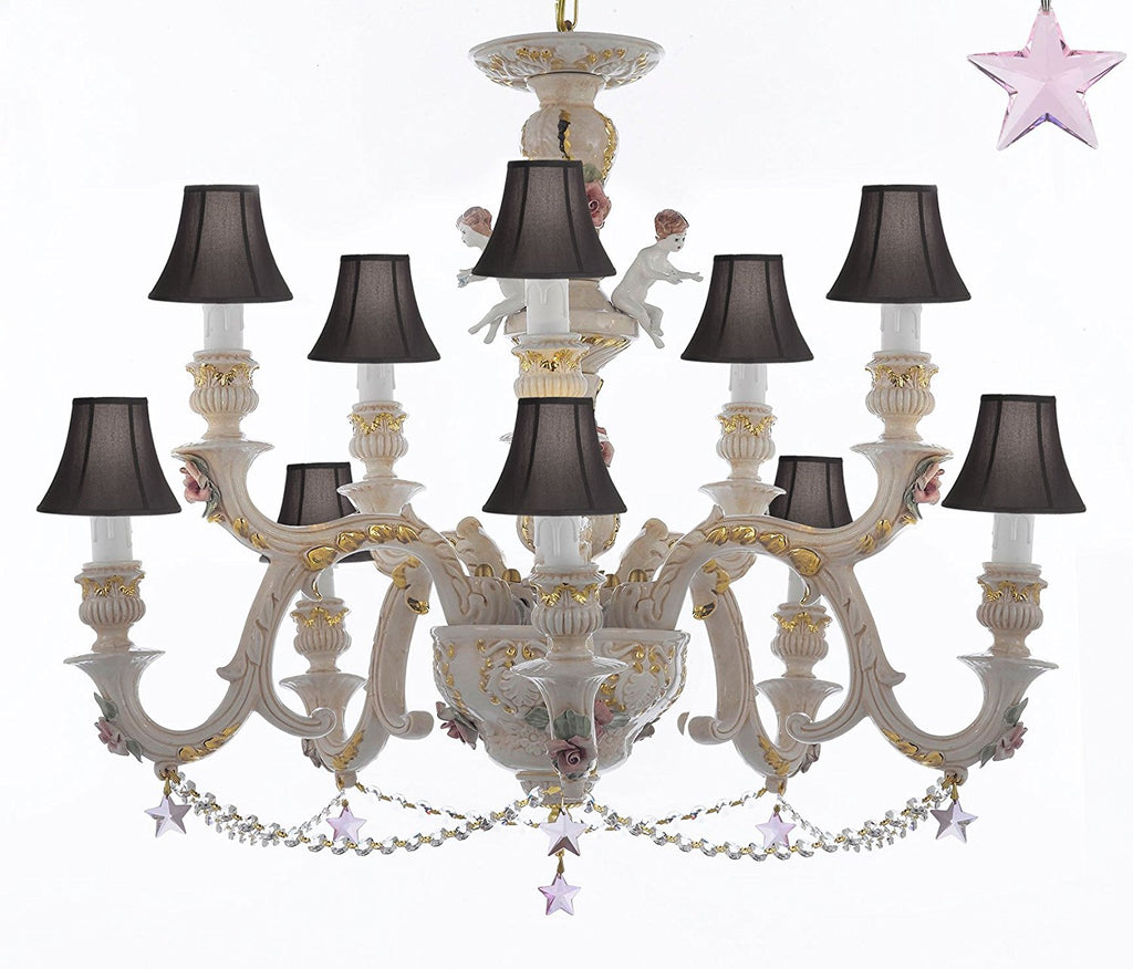 Authentic Capodimonte Porcelain Chandelier Lighting Chandeliers Cottage Chic Made in Italy, Trimmed w/ Roses & Flowers Dressed w/ Pink Stars Crystals With Black Shades - GB102-SC/BLACKSHADES/B38/B52/227/5+5