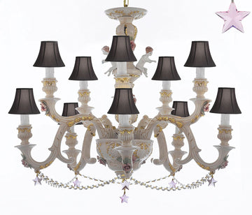 Authentic Capodimonte Porcelain Chandelier Lighting Chandeliers Cottage Chic Made in Italy, Trimmed w/ Roses & Flowers Dressed w/ Pink Stars Crystals With Black Shades - GB102-SC/BLACKSHADES/B38/B52/227/5+5