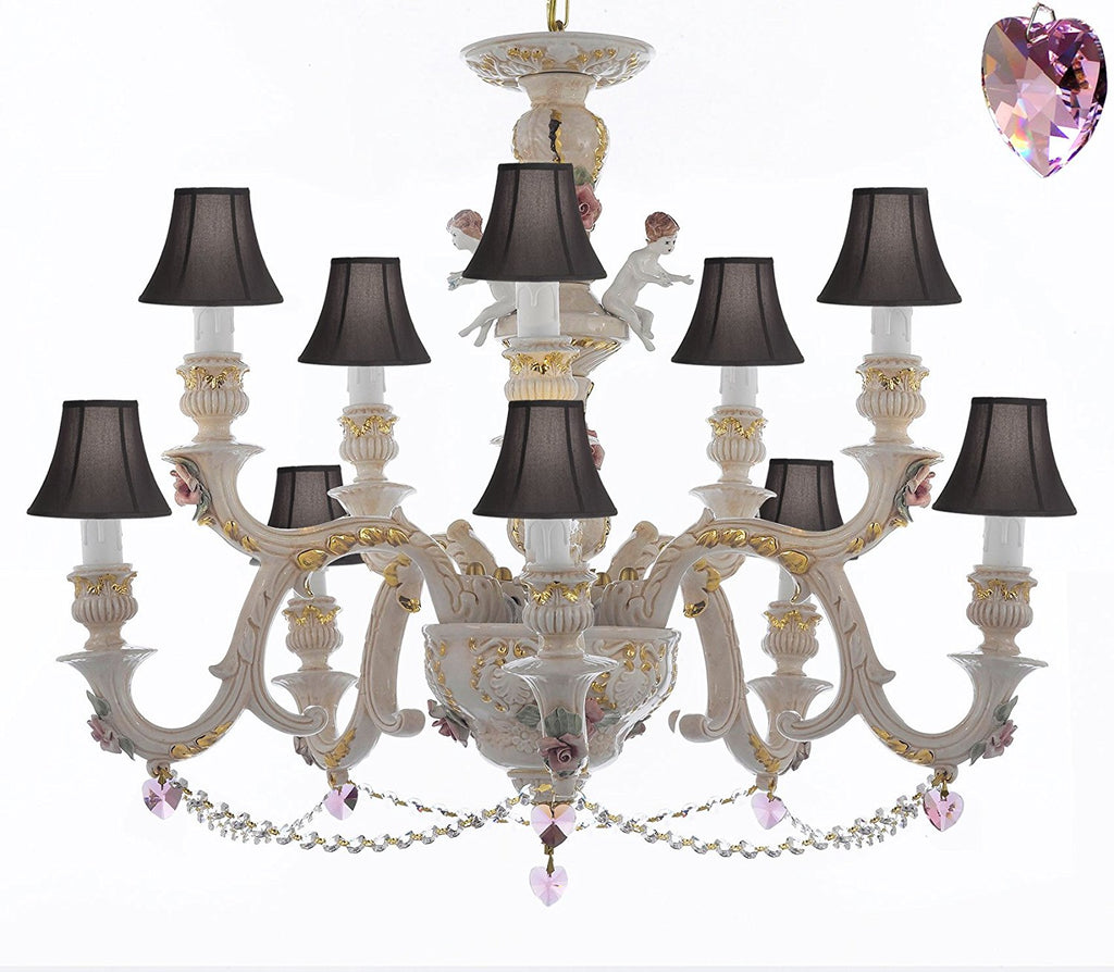 Authentic Capodimonte Porcelain Chandelier Lighting Chandeliers Cottage Chic Made in Italy, Trimmed w/ Roses & Flowers Dressed w/ Crystals and Hearts With Black Shades - GB102-SC/BLACKSHADES/B21/B52/227/5+5