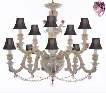 Authentic Capodimonte Porcelain Chandelier Lighting Chandeliers Cottage Chic Made in Italy, Trimmed w/ Roses & Flowers Dressed w/ Crystals and Hearts With Black Shades - GB102-SC/BLACKSHADES/B21/B52/227/5+5