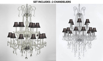 Set of 2 - 1 Crystal Chandelier Lighting With Black Shades 38ht X 28wd And 1 4FT Crystal Chandelier Lighting With Black Shades 48hx28w Murano - 1EA-26/18 + 1EA-B12/26/18-BLACKSHADES