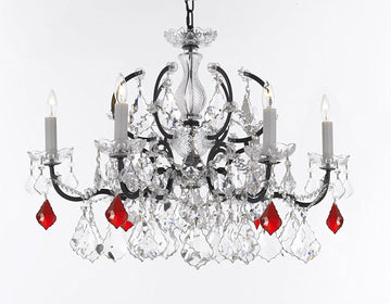 19th C. Baroque Iron & Crystal Chandelier Lighting Dressed with Empress Crystal (tm) - Dressed with Ruby Red Crystals Great for Kitchens, Closets, & Dining Rooms H 19" x W 26" - G83-B98/994/6
