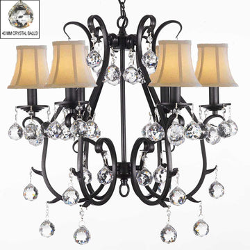 New Wrought Iron Crystal Chandelier Chandeliers Lighting With Shades and Crystal Balls H21" x W22" - G7-B6/WHITESHADES/406/6