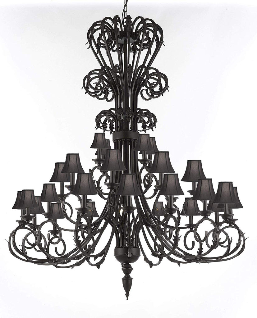 Versailles Large Foyer/Entryway Wrought Iron Chandelier with Shades 60" Inches Tall  - J10-724/28/SC/BLACK