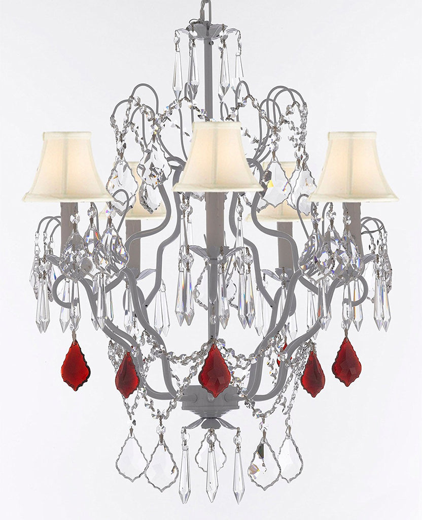 Swarovski Crystal Trimmed Chandelier White Wrought Iron Swarovski Crystal Trimmed Chandeliers Lighting H27" x W21" Dressed w/Ruby Red Crystal Great for Closets, & Dining Rooms w/ White Shades - J10-B98/WHITESHADES/WHITE/26025/5SW