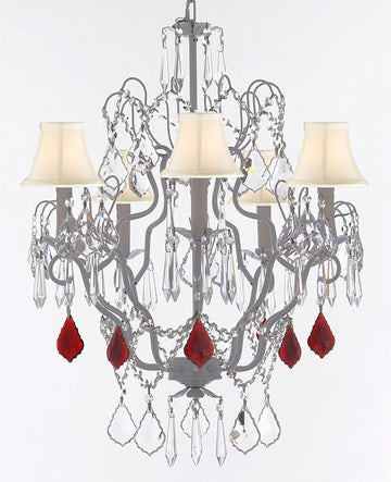 Swarovski Crystal Trimmed Chandelier White Wrought Iron Swarovski Crystal Trimmed Chandeliers Lighting H27" x W21" Dressed w/Ruby Red Crystal Great for Closets, & Dining Rooms w/ White Shades - J10-B98/WHITESHADES/WHITE/26025/5SW