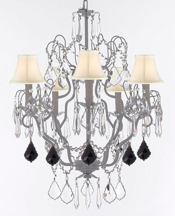 Swarovski Crystal Trimmed Chandelier White Wrought Iron Swarovski Crystal Trimmed Chandeliers Lighting H27"xW21" Dressed w/Jet Black Crystal Great for Closets, Dining Rooms w/White Shades - J10-B97/WHITESHADES/WHITE/26025/5SW