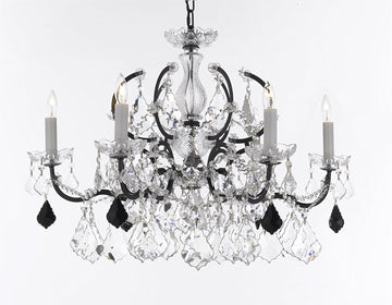 19th C. Baroque Iron & Crystal Chandelier Lighting Dressed with Empress Crystal (tm) - Dressed w/Jet Black Crystals Great for Kitchens, Closets, & Dining Rooms H 19" x W 26" - G83-B97/994/6