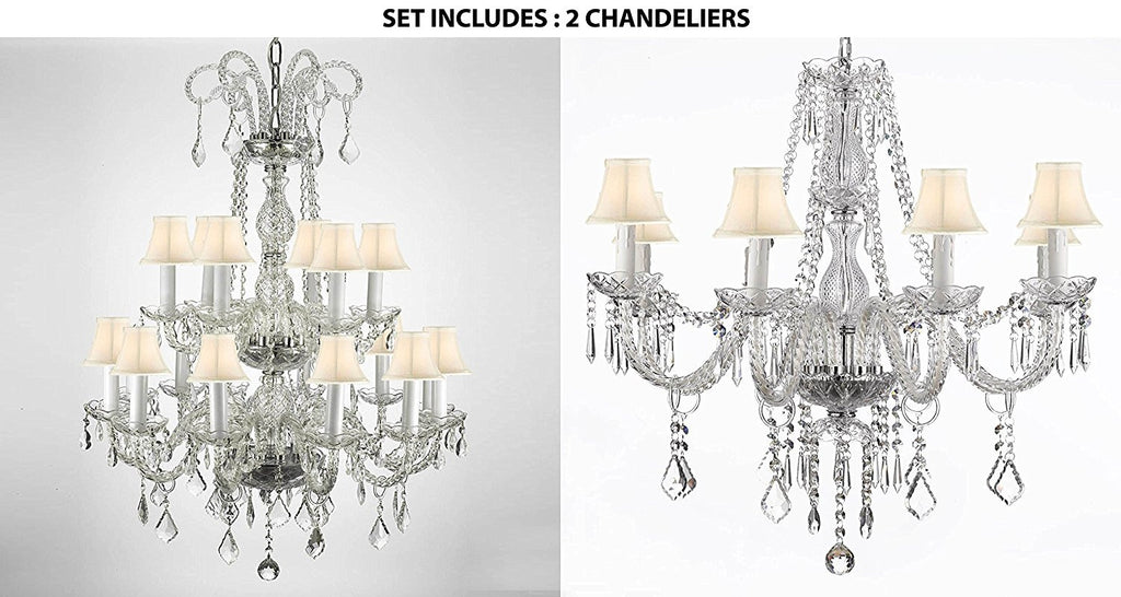 Set of 2 - 1 Authentic All Crystal Chandelier Lighting With White Shades 38hx28w And 1 Crystal Chandelier Lighting With White Shades 28ht X 28wd Murano - 1EA-26/18 + 1EA-243/8-WHITESHADES