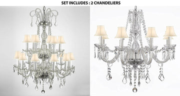 Set of 2 - 1 Authentic All Crystal Chandelier Lighting With White Shades 38hx28w And 1 Crystal Chandelier Lighting With White Shades 28ht X 28wd Murano - 1EA-26/18 + 1EA-243/8-WHITESHADES