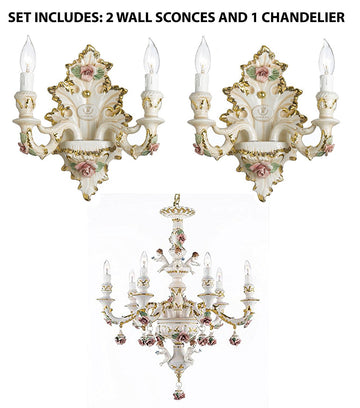 Set of 3 Authentic Capodimonte Porcelain Wall Sconce Lighting Cottage Chic Made in Italy, 24K Gold Trimmed w/ Roses & Flowers - 2EA WALLSCONCE/2/435 + 1EA 119/6