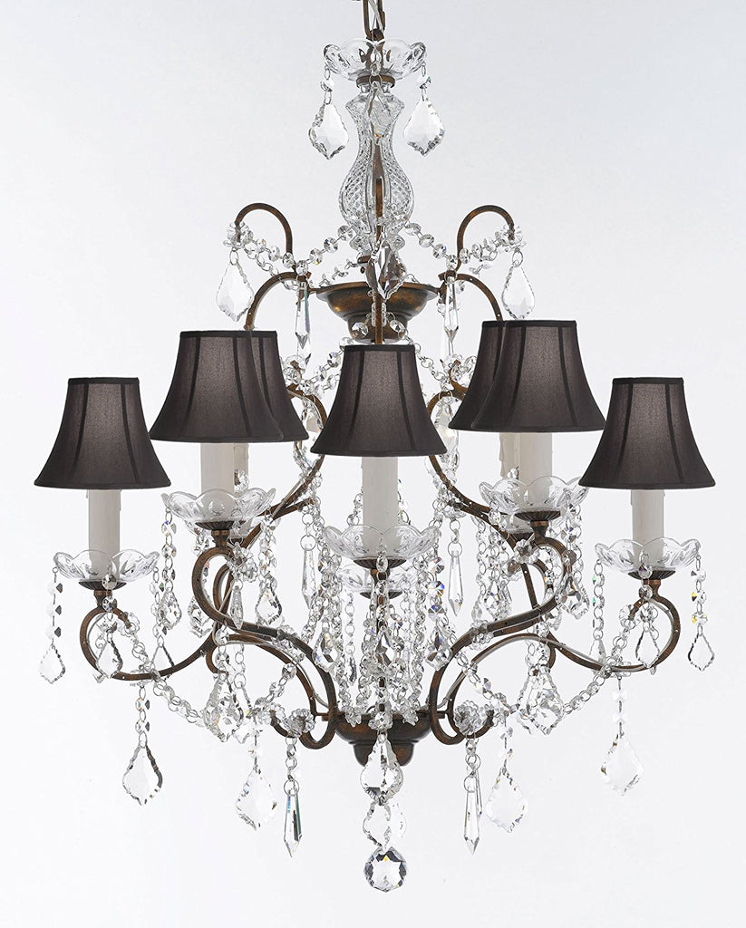 Wrought Iron Crystal Chandelier Chandeliers Lighting H 31" x W 24" Good for Dining Room, Foyer, Entryway, Family Room, Bedroom and More! w/Black Shades - G7-BLACKSHADES/11224/8