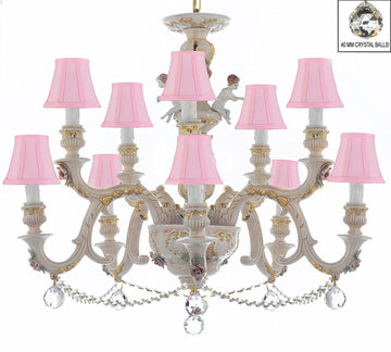 Authentic Capodimonte Porcelain Chandelier Lighting Chandeliers Cottage Chic Made in Italy, Trimmed w/ Roses & Flowers Dressed w/ Crystals and Crystals Balls With Pink Shades - GB102-SC/PINKSHADES/B6/B52/227/5+5