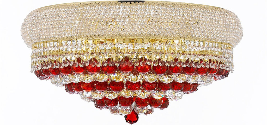 Moroccan Style French Empire Flush Crystal Chandelier Chandeliers H15" X W24" Dressed with Ruby Red Crystal Balls - Good for Dining Room, Foyer, Entryway, Family Room and More - A500-B96/FLUSH/CG/542/15