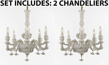 Set of 2 - Authentic Capodimonte White Porcelain Chandelier Lighting Chandeliers Made in Italy, Good for Dining Room, Kids & Girls Bedrooms w/ Roses & Flowers Speciality item, Limited Stock Available - 2EA-GB102-WHITE/435/6