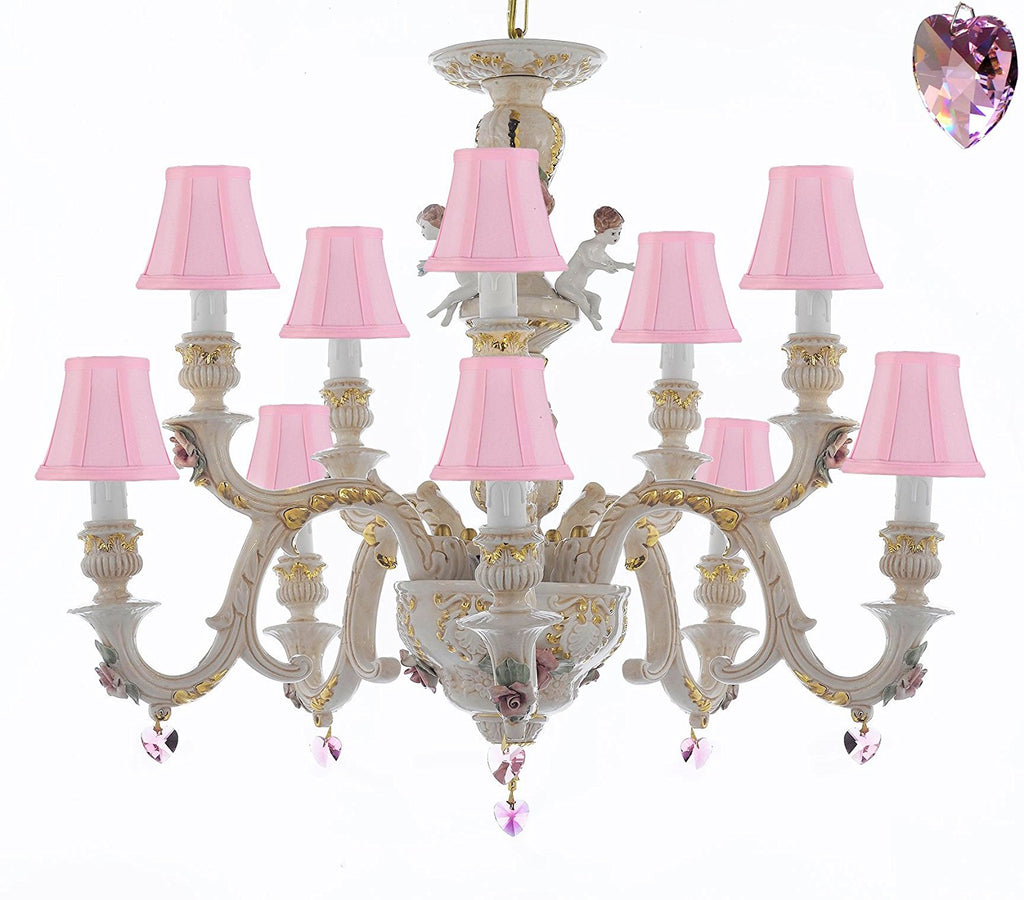 Authentic Capodimonte Porcelain Chandelier Lighting Chandeliers Cottage Chic Made in Italy, Trimmed w/ Roses & Flowers Dressed w/ Pink Hearts Crystals With Pink Shades - GB102-SC/PINKSHADES/B21/227/5+5