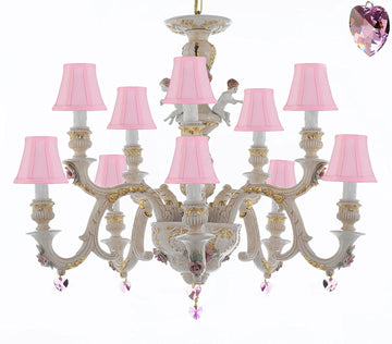Authentic Capodimonte Porcelain Chandelier Lighting Chandeliers Cottage Chic Made in Italy, Trimmed w/ Roses & Flowers Dressed w/ Pink Hearts Crystals With Pink Shades - GB102-SC/PINKSHADES/B21/227/5+5
