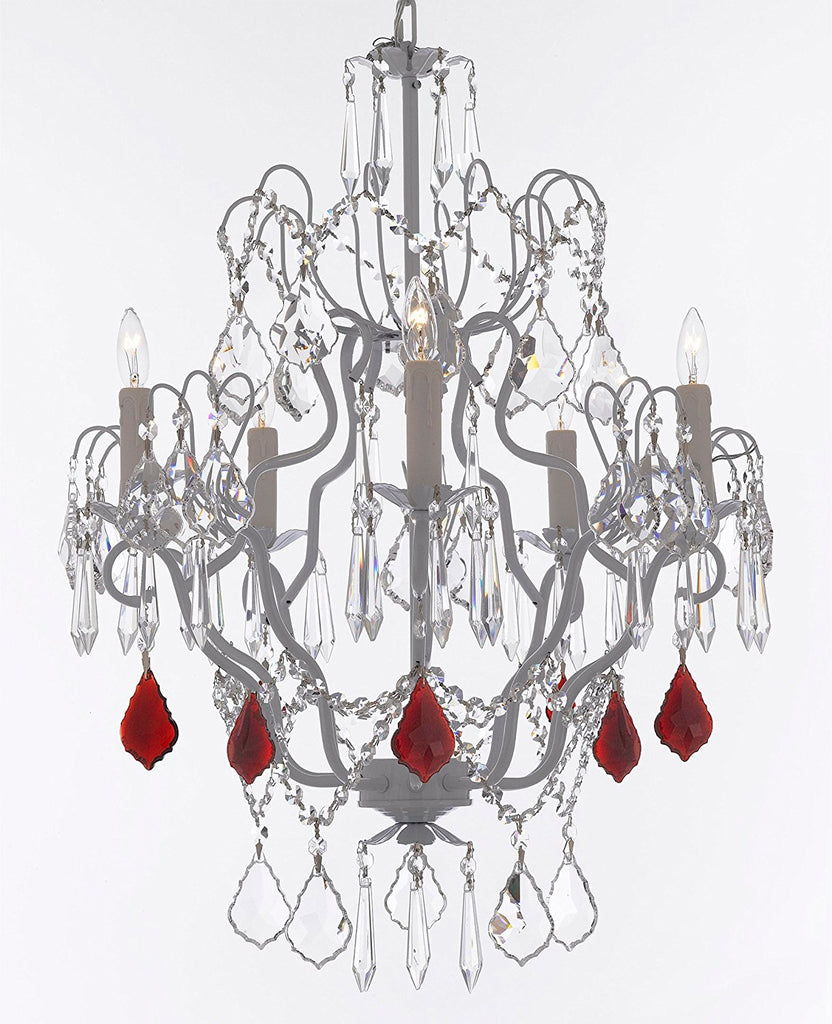 White Wrought Iron Crystal Chandelier Chandeliers Lighting H27" x W21" Dressed with Ruby Red Crystal Great for Kitchens, Bathrooms, Bedrooms, Closets, and Dining Rooms - J10-B98/WHITE/26025/5