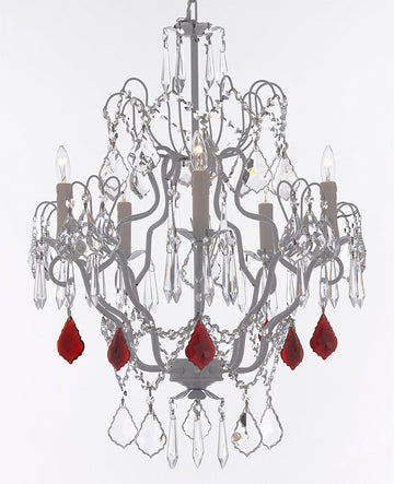 Swarovski Crystal Trimmed Chandelier White Wrought Iron Swarovski Crystal Trimmed Chandeliers Lighting H27" x W21" Dressed w/Ruby Red Crystal Great for Kitchens, Closets, and Dining Rooms - J10-B98/WHITE/26025/5SW